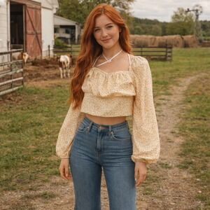 Elodie Floral Crop Top Womens Large Yellow Coquette Cottagecore Boho Puff Sleeve